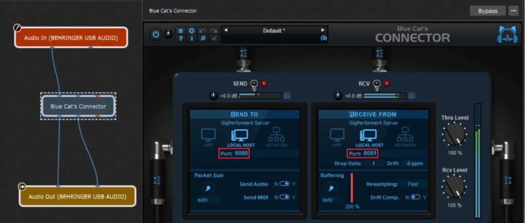 Main Gig Performer instance with BlueCat Connector VST plugin, hosted in Gig Performer