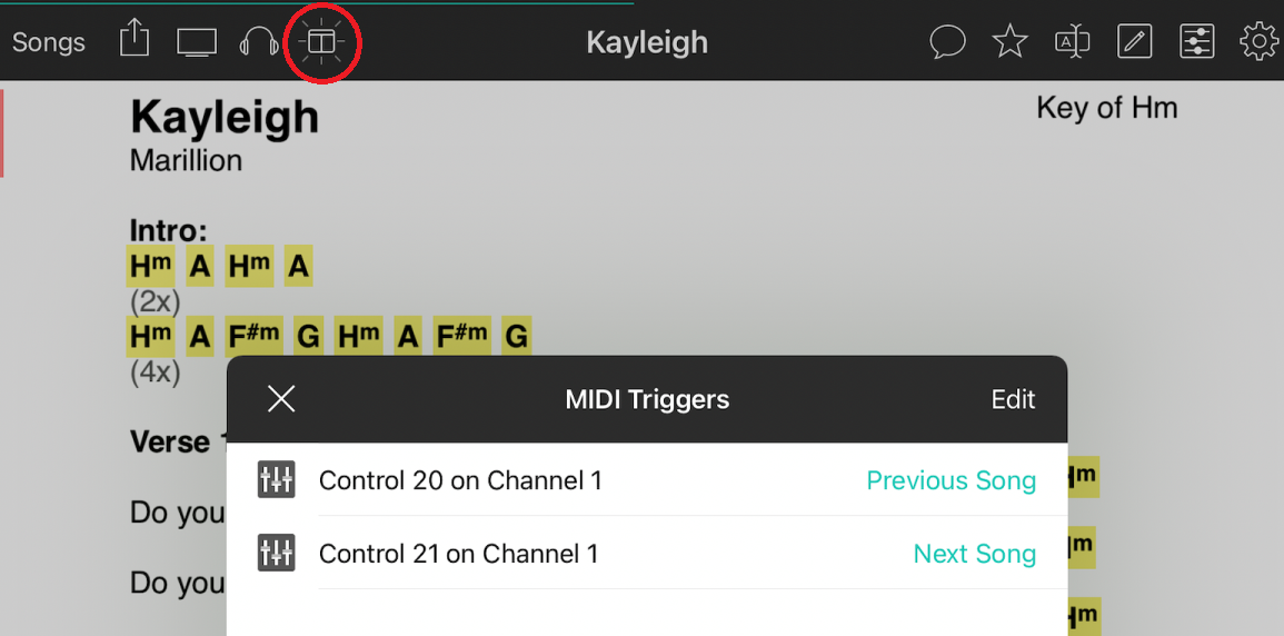 Define MIDI triggers in OnSong app for Previous Next Song