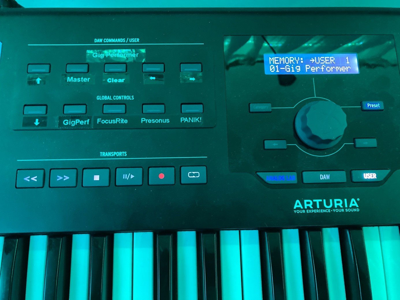 KeyLab MkII I with some dedicated buttons to control Gig Performer, OnSong and script based actions (to bring Gig Performer, PreSonus Mixer App to front of the screen)