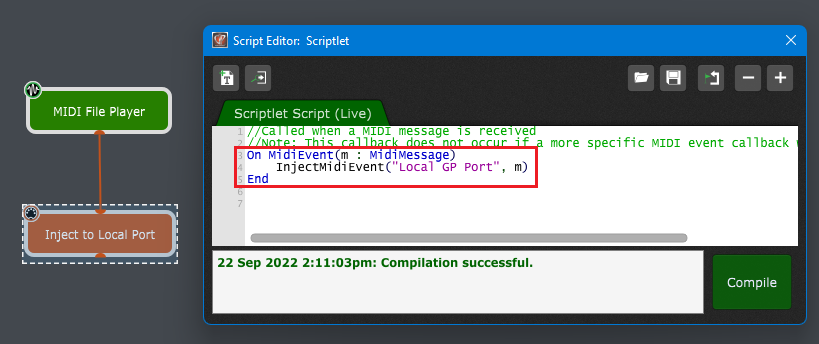 This scriptlet Injects all MIDI events to the Local GP Port in Gig Performer