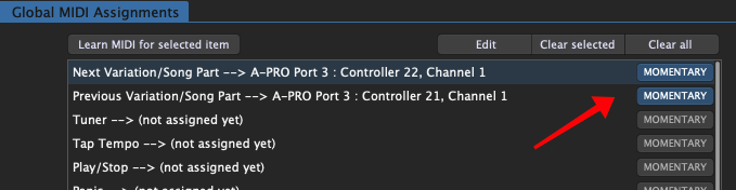 Momentary button in the Global MIDI options