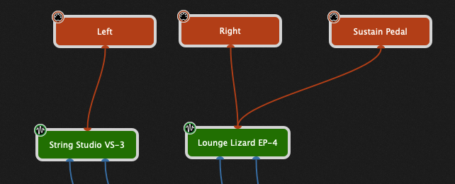 Wiring view in Gig Performer, sustain pedal and MIDI controller with Lounge Lizard and String Studio plugins