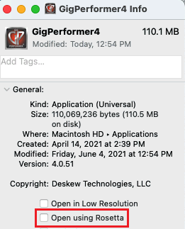 How to run Gig Performer under Rosetta on the new M1 chip (Apple Silicon)