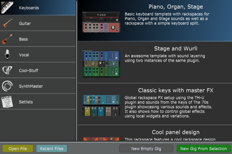 Gig Performer built-in templates, keyboards tab