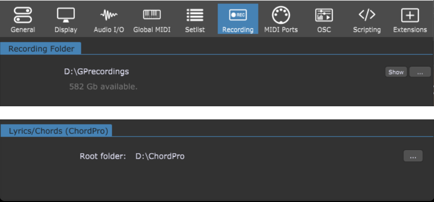 Custom recordings folder and custom ChordPro root folder