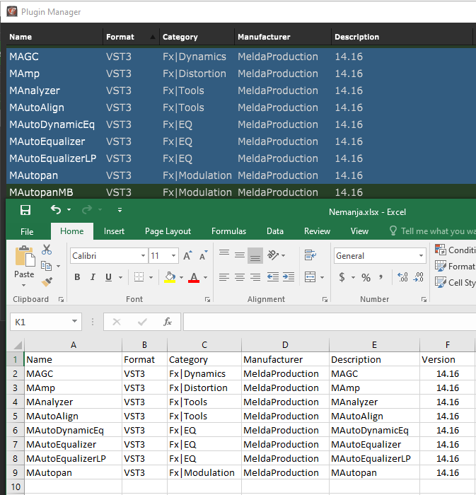 Copy plugins from the Plugin Manager as CSV and paste them into Excel