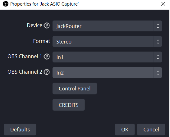 OBS Audio Settings for ASIO capture: select Device, OBS Channel 1 and OBS Channel 2