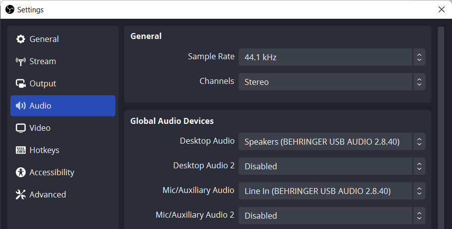 OBS Audio Settings, sample rate and audio interface
