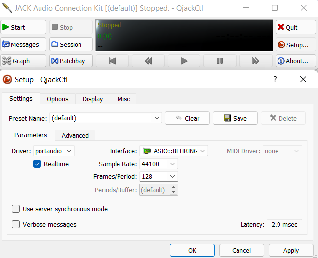 QjackCtl Setup audio interface, Buffer Size and Sample Rate