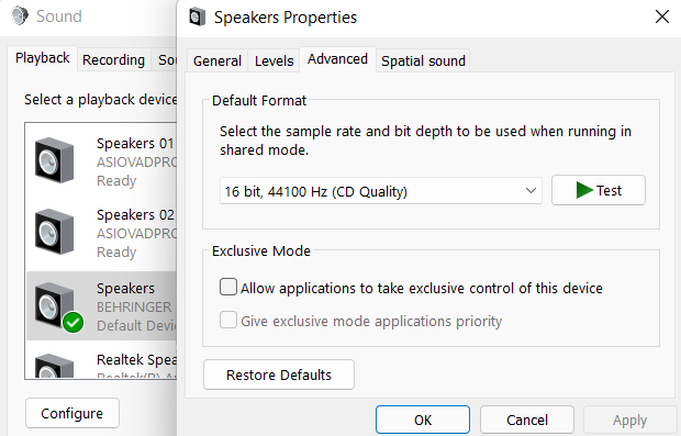 Windows Speaker Properties, Sample Rate 44100 kHz