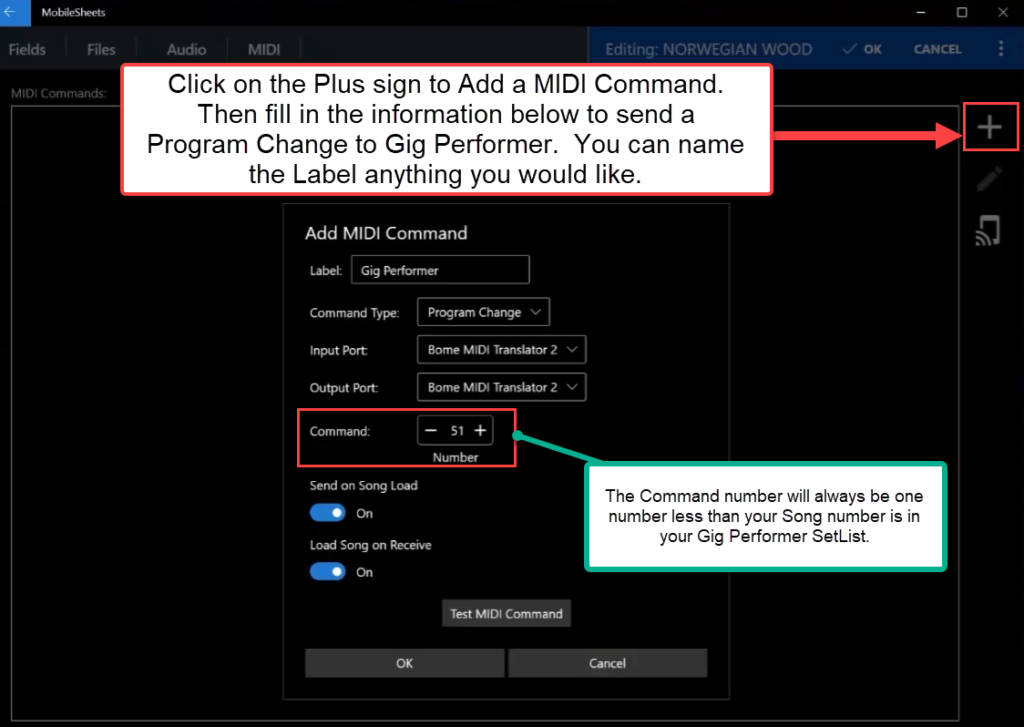 How to add a MIDI command to Gig Performer from MobileSheets