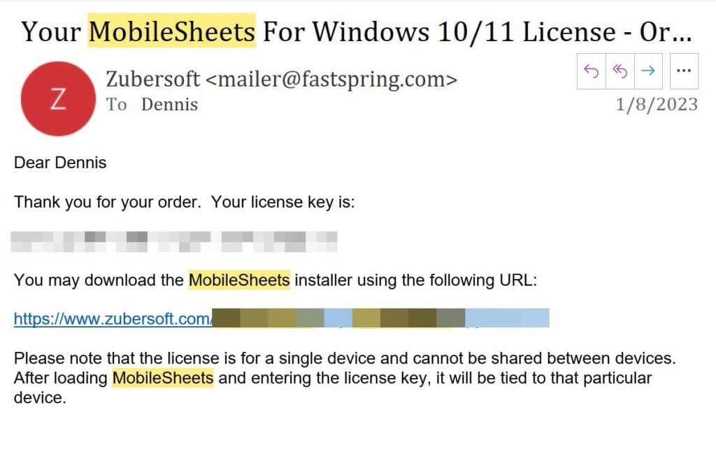 MobileSheets, Example of Purchase Confirmation Email