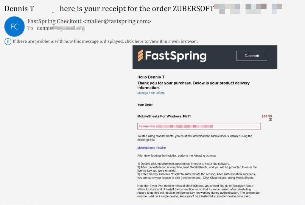 MobileSheets, Receipt for the order via e-mail