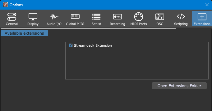 Stream Deck Extension, listed in the Gig Performer Options dialog