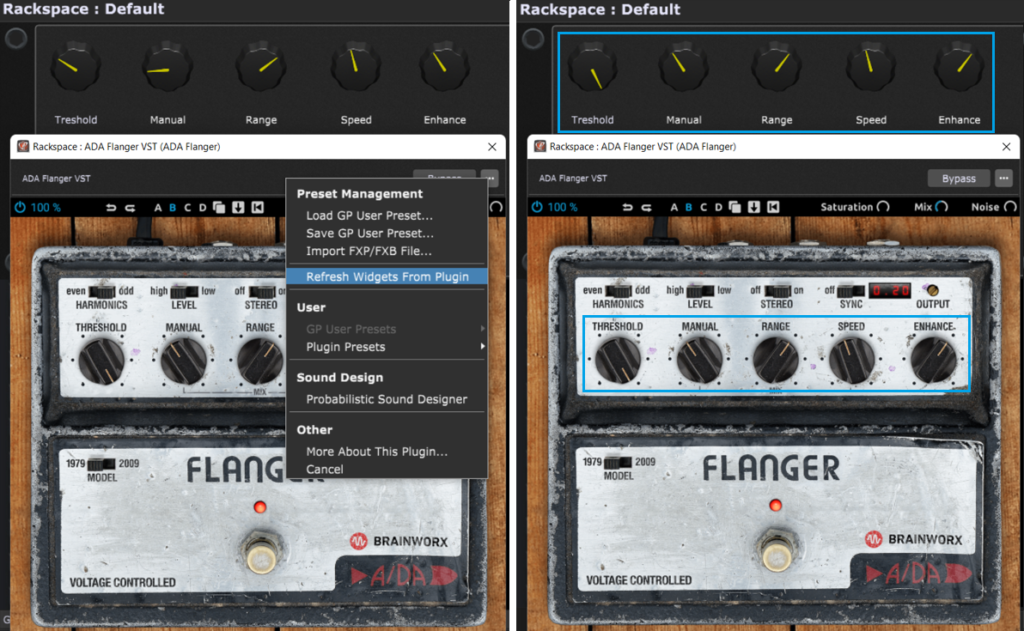 ADA Flanger plugin and Gig Performer's Refresh widgets from plugin feature