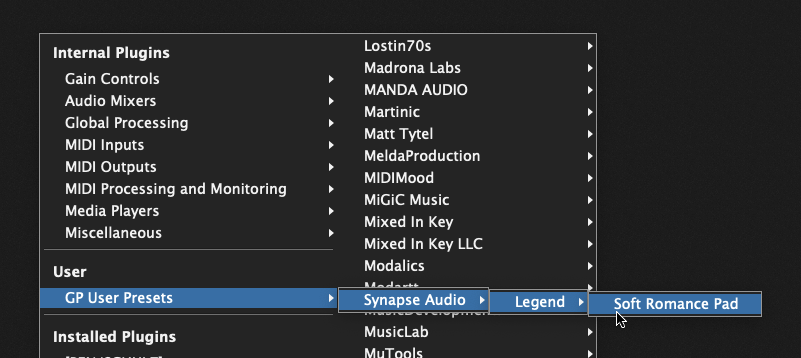 A saved preset shows up automatically in the main menu for inserting plugins