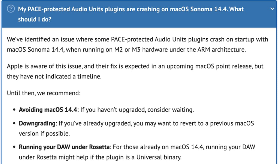 Audio Units with PACE protection crash on Sonoma