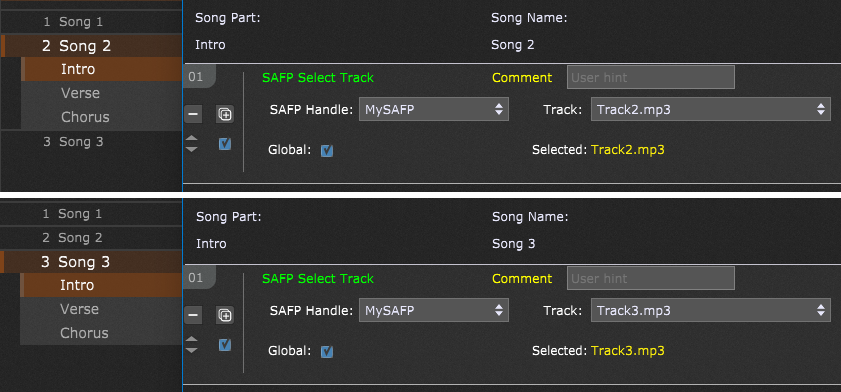 SAFP Select Track Song Part Actions automation in Gig Performer