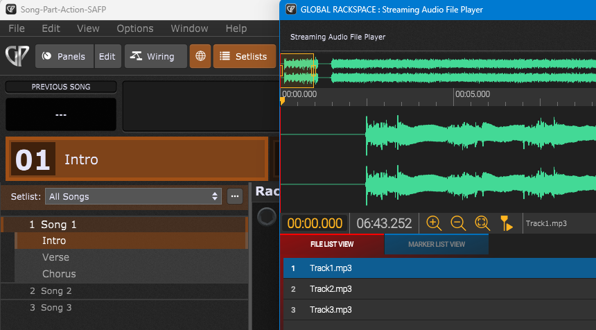 Setlist View and Streaming Audio File Player in the Global rackspace