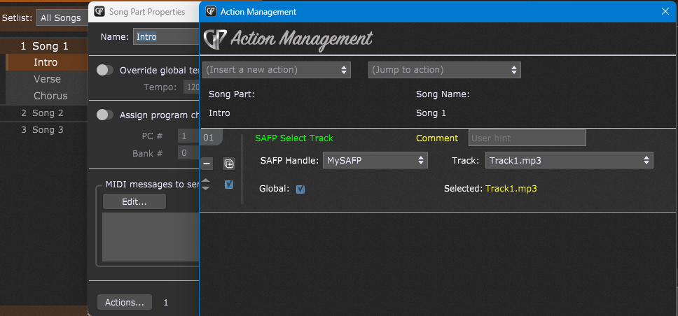 The SAFP Select Track action in the Song Part Actions automation mechanism