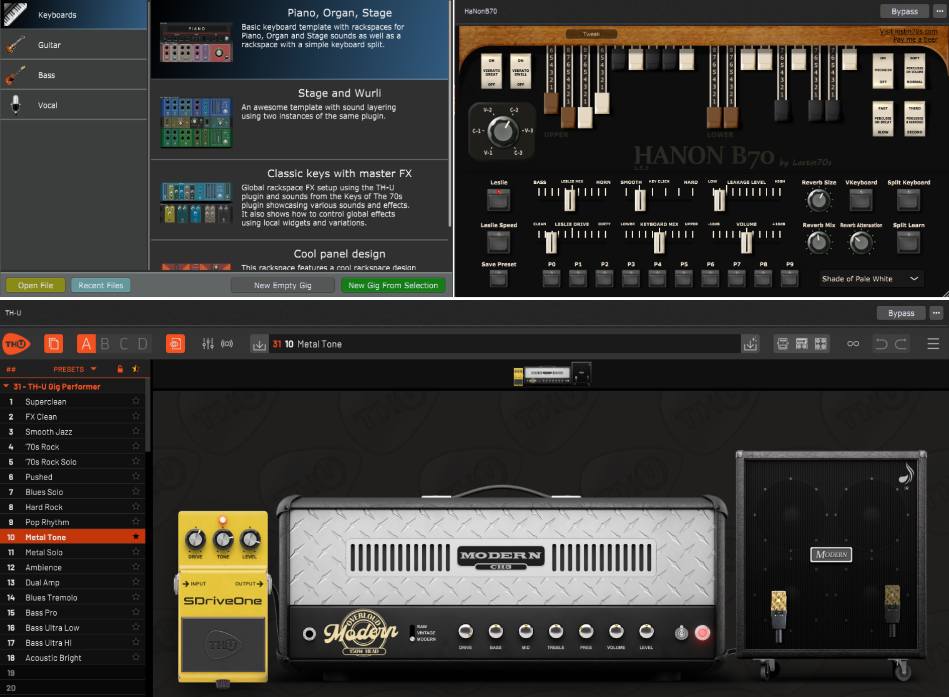Templates and some plugins used in Gig Performer Essentials: HanonB70 and Overloud TH-U