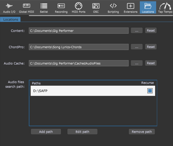Gig Performer Locations Options