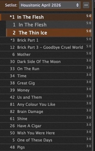 Pink Floyd's song The Thin Ice in a Gig Performer setlist