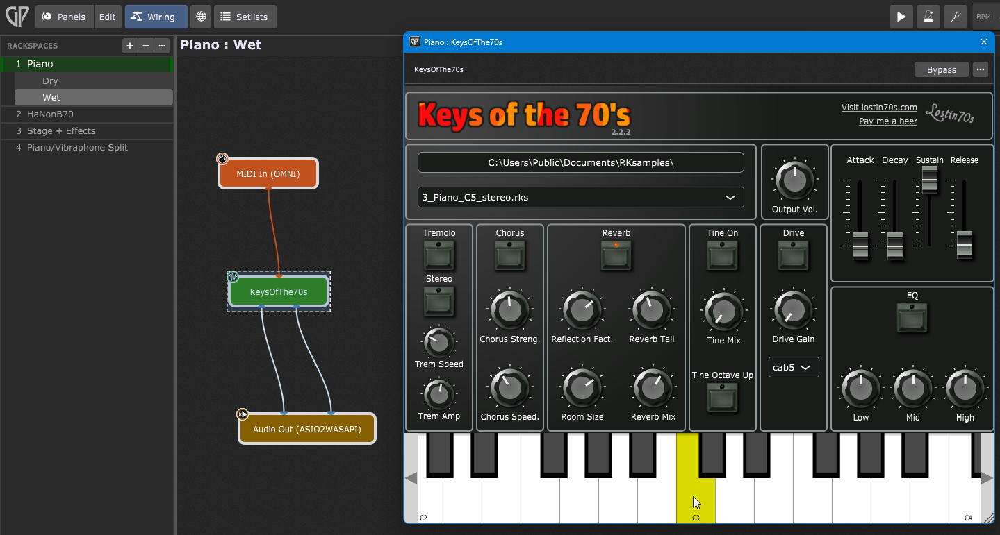 Software instrument KeysOfThe70s in Gig Performer, live VST host
