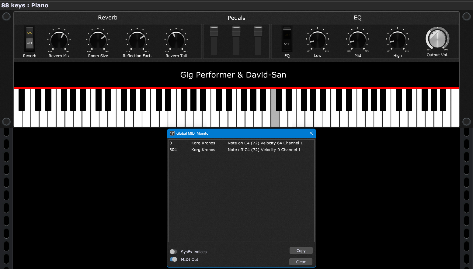 MIDI Note On and MIDI Note Off in the Global MIDI Monitor in Gig Performer, live VST host.