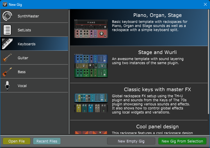 Piano, Organ, Stage templates with software instruments and effects in VST host Gig Performer